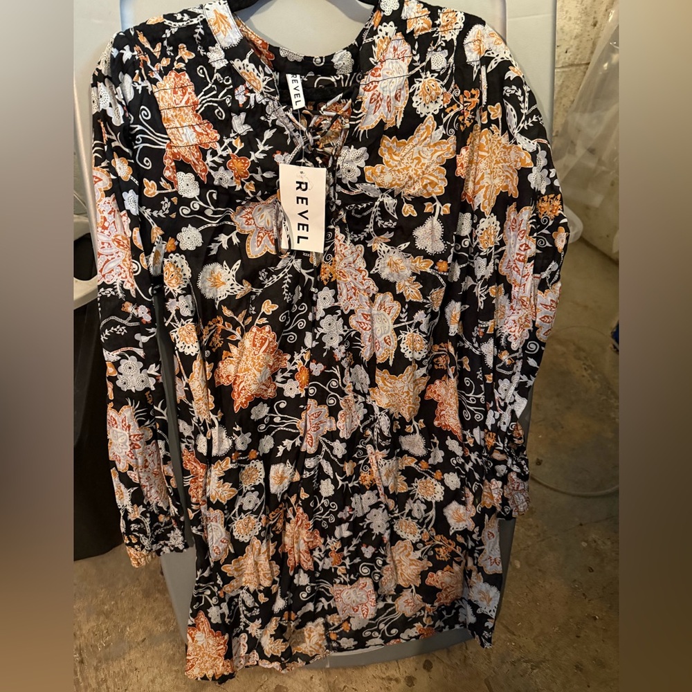 REVEL Black Floral Mini Dress with Orange & White Pattern